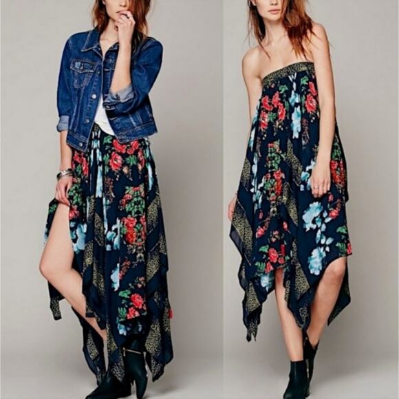 Free People Dresses & Skirts - Free People Navy Floral Asymmetrical Handkerchief Skirt